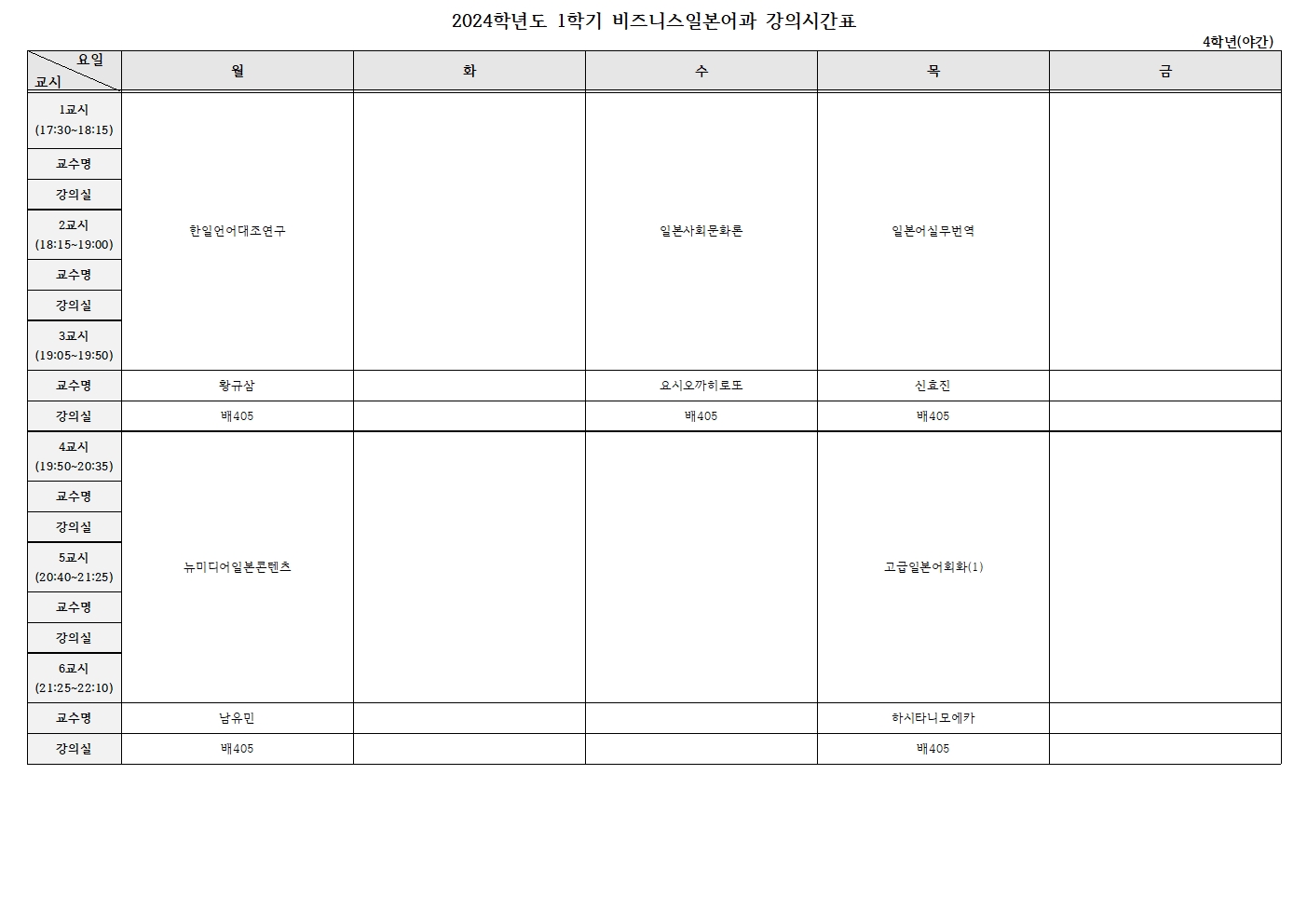 비즈니스일본어과 1학기 4학년 강의시간표