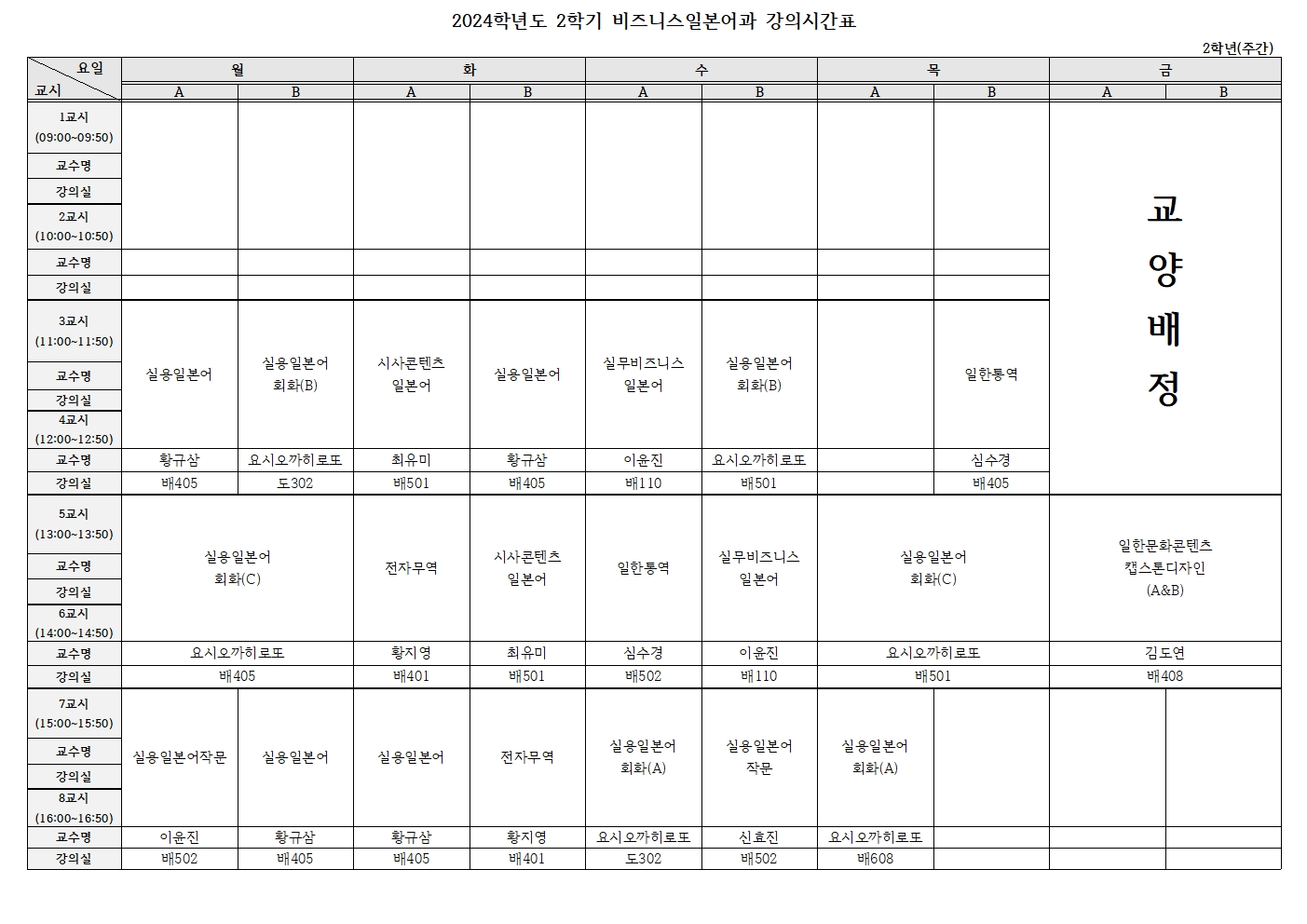 비즈니스일본어과 2024학년도 2학기 2학년 강의시간표