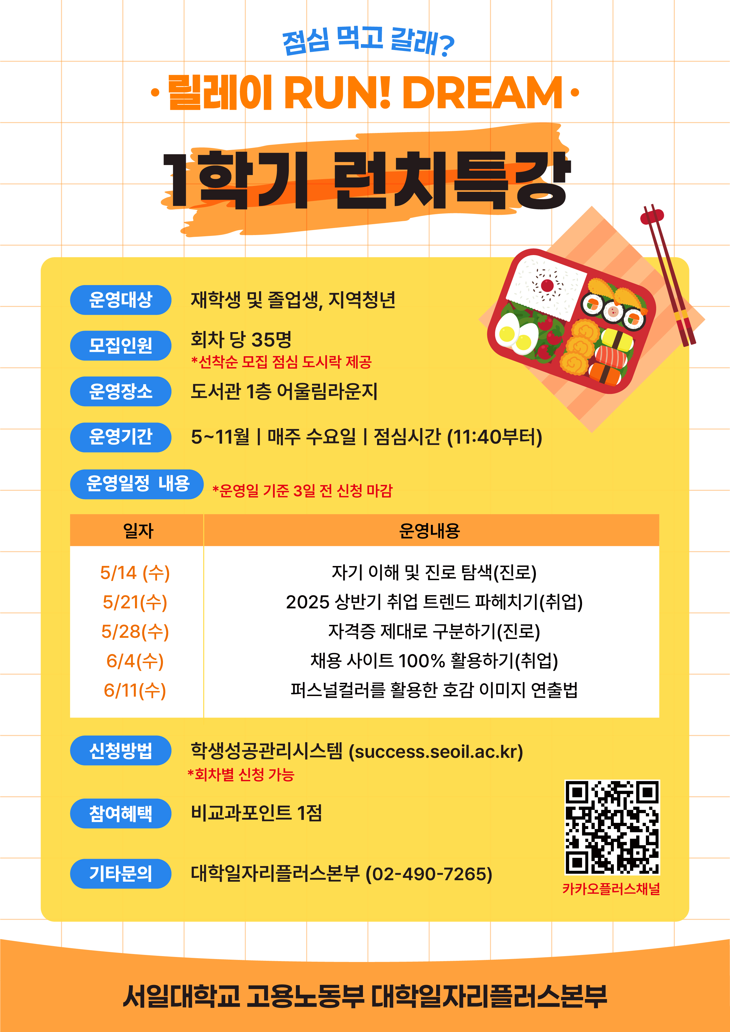  점심 먹고 갈래? 릴레이 RUN! DREAM· 1학기 런치특강 운영대상 재학생 및 졸업생, 지역청년 000 모집인원 회차 당 35명 *선착순 모집 점심 도시락 제공 운영장소 도서관 1층 어울림라운지 운영기간 5~11월 매주 수요일 점심시간 (11:40부터) 운영일정 내용 *운영일 기준 3일 전 신청 마감 일자 운영내용 5/14(수) 자기 이해 및 진로 탐색(진로) 5/21(수) 2025 상반기 취업 트렌드 파헤치기(취업) 5/28(수) 6/4(수) 자격증 제대로 구분하기(진로) 채용 사이트 100% 활용하기(취업) 6/11(수) 퍼스널컬러를 활용한 호감 이미지 연출법 신청방법 학생성공관리시스템 (success.seoil.ac.kr) *회차별 신청 가능 참여혜택 비교과포인트 1점 기타문의 대학일자리플러스본부 (02-490-7265) 카카오플러스채널 서일대학교 고용노동부 대학일자리플러스본부
