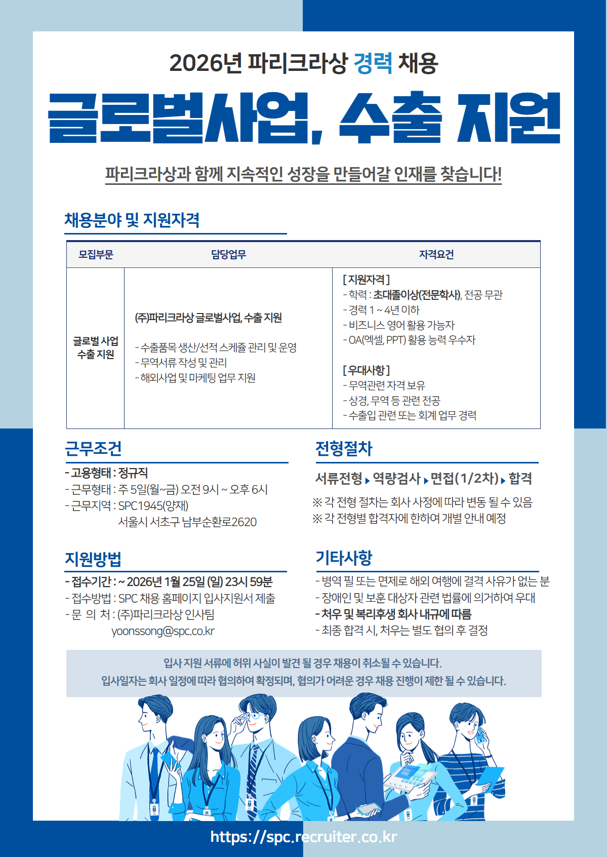 채용분야 및 지원자격 모집부문 담당업무 자격요건 (주)파리크라상글로벌사업, 수출지원 글로벌 사업 수출지원 근무조건 -수출품목생산/선적 스케쥴 관리 및 운영 &middot;무역서류작성 및 관리 - 해외사업 및 마케팅 업무 지원 - 고용형태 : 정규직 - 근무형태 : 주 5일(월~금) 오전 9시 ~ 오후 6시 - 근무지역 : SPC1945(양재) 지원방법 서울시 서초구 남부순환로2620 - 접수기간: ~2026년 1월 25일 (일) 23시59분 - 접수방법 : SPC 채용 홈페이지 입사지원서 제출 - 문 의 처 : (주)파리크라상 인사팀 yoonssong@spc.co.kr [지원자격] - 학력 : 초대졸이상(전문학사), 전공무관 - 경력 1 ~ 4년 이하 -비즈니스 영어 활용가능자 -OA(엑셀,PPT) 활용 능력 우수자 [우대사항] -무역관련 자격 보유 - 상경, 무역 등 관련 전공 - 수출입 관련 또는 회계 업무 경력 전형절차 서류전형, 역량검사, 면접(1/2차), 합격 ※ 각 전형절차는 회사사정에 따라 변동 될 수 있음 ※ 각 전형별 합격자에 한하여 개별 안내 예정 기타사항 - 병역필 또는 면제로 해외 여행에 결격 사유가 없는 분 -장애인 및 보훈대상자 관련 법률에 의거하여 우대 -처우 및 복리후생 회사내규에 따름 - 최종 합격 시, 처우는 별도 협의 후 결정 입사지원 서류에 허위사실이 발견될 경우 채용이 취소될 수 있습니다. 입사일자는 회사 일정에 따라 협의하여 확정되며, 협의가 어려운 경우 채용 진행이 제한 될 수 있습니다. https://spc.recruiter.co.kr