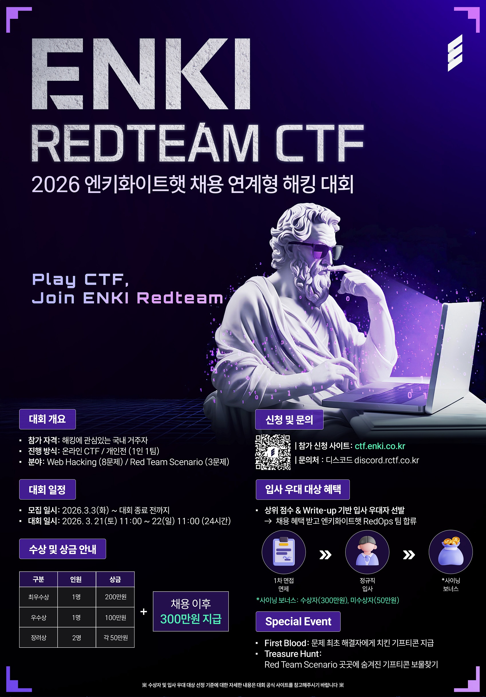  2026 엔키화이트햇 채용 연계형 해킹 대회 ] 🟣🔴 ENKI REDTEAM CTF 🔴🟣 📌 대회 개요 참가 자격: 해킹에 관심 있는 국내 거주자 진행 방식: 온라인 CTF / 개인전 (1인 1팀) 분야: Web Hacking (8문제) / Red Team Scenario (3문제) 참가 신청 : https://ctf.enki.co.kr/?utm_source=university 🙌 대회 일정 모집 일시: 2026.3.3(화) ~ 대회 종료 시까지 대회 일시: 2026.3.21(토) 11:00 ~ 22(일) 11:00 (24시간) 🏆 수상 및 상금 안내 최우수상(1명) : 200만 원 우수상(1명) : 100만 원 장려상(2명) : 50만 원 🚀 입사 우대 대상 혜택 상위 점수 & Write-up 기반 입사 우대자 선발 1차 면접 &rarr; 정규직 입사 &rarr; 수습 종료 후 *사이닝 보너스 지급 *(사이닝 보너스: 수상자(+300만 원), 미 수상자(50만 원)) 🎯 Special Event First Blood: 문제 최초 해결자에게 치킨 기프티콘 지급 Treasure Hunt: Red Team Scenario 곳곳에 숨겨진 기프티콘 보물찾기 ※ 수상자 및 입사 우대 대상 선정 기준에 대한 자세한 내용은 대회 공식 사이트를 참고해 주시기 바랍니다.