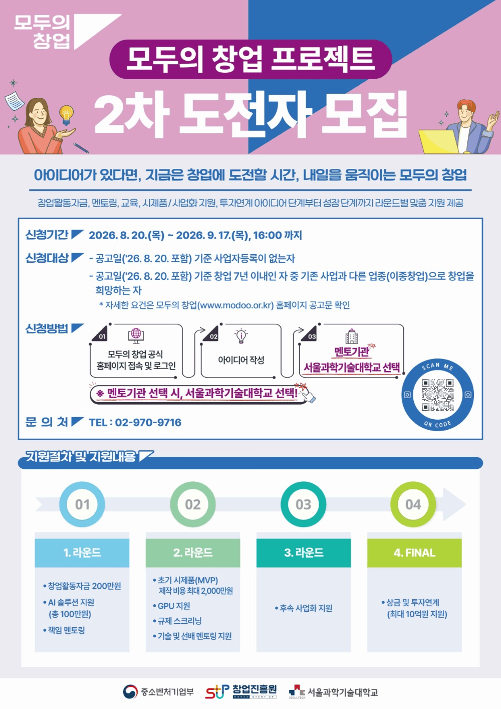 1 사업 개요 □ (사업목적) 참신한 아이디어 발굴&middot;보육을 통해 혁신 인재의 성장을 지원하고 누구나 자유롭게 도전할 수 있는 창업 환경 조성 □ (지원대상) 혁신적인 아이디어를 보유한 전 국민 누구나 □ (선정규모) 일반/기술트랙 8,000명, 로컬트랙 2,000명  ◦ 진출자 선정 규모는 지원트랙별,  수도권‧비수도권,  창업 여부에 따라 선정 비율을 부여하여 선정 < 모두의 창업 아이디어 선정규모(안) > 지원 트랙구분 수도권 서울, 인천, 경기 비수도권 서울, 인천, 경기 외 지역 공통 예비창업자 80% 내외, 기창업자 20% 내외 일반/기술트랙(8,000명) 2,400명 내외(30%) 5,600명 내외(70%) 로컬트랙(2,000명) 200명 내외(10%) 1,800명 내외(90%) □ (신청‧접수) 모두의 창업 프로젝트 홈페이지(www.modoo.or.kr) □ (운영구조) 라운드별 프로그램 운영을 통해 아이디어,  BM  고도화, 사업화를 지원하고 단계적으로 창업자를 선발하는 토너먼트 방식 < 모두의 창업 프로젝트 트랙별 보육 프로그램(안) > 구분 주요 프로그램 일반/ 기술 트랙 1라운드 지원 ( 도전자 전원 &rarr; 8천명 ) 2라운드 지원 ( 8천명 &rarr; 1천명 )  3라운드 지원 ( 1천명 &rarr; 2백명 ) 창업활동자금 AI 솔루션, 책임멘토링 시제품 제작지원,  GPU지원, 기술&middot;선배 멘토링 Final 평가 진출 후속 사업화 로컬 트랙 1라운드 지원 ( 도전자 전원 &rarr; 2천명 ) 2라운드 지원 ( 2천명 &rarr; 1.2천명 ) 3라운드 지원 (12백명 &rarr; 2백명) 창업활동자금 AI 솔루션, 책임멘토링 사업화자금, 선배창업자 멘토링 투자&middot;공간&middot;후속 사업화 우승자 상금 후속 사업화 - 2 -2 신청자격 및 요건 □ 일반/기술트랙 ◦ (신청자격) 예비창업자 또는 업력 7년 이내 기창업자 * 증빙서류는 1R 진출자(8,000명)를 대상으로 별도 제출 안내 및 확인 예정 - 예비창업자 :  공고일(&lsquo;26.8.20.  포함)  기준 사업자등록이 없는 자 * 부동산임대업만을 영위하는 개인사업자 대표는 및 지역주택조합 가입자는 아래 조건을 모두 충족 시 예비창업자로 간주하여 신청 가능 《부동산임대업 영위 기업 대표》 ① 공고일(&rsquo;26.8.20) 기준 직원을 고용하지 않고 부동산임대업만을 영위하는 개인사업자(법인 불가) * 사업자등록증 상에 부동산임대업 이외에 타 업종을 복수로 영위하고 있는 경우 신청 불가 ② ①의 조건을 충족하고, 향후 이종업종의 제품 및 서비스를 영위하는 법인사업자로 창업이 가능한 경우에 한하여 신청 가능 《지역주택조합 가입자》 ① 주택법 제11조의 주택조합설립에 따른 지역주택조합의 대표인 자로 사업자등록 상 공동 대표로 등록된 자는 예비창업자로 신청 가능  * 사업자등록사실여부증명원 상에 지역주택조합 이외에 타 업종을 복수로 영위하고 있는 경우 신청 불가 - 기 창업자 : 공고일(&lsquo;26.8.20. 포함) 기준 사업자등록일로부터 7년 이내인 대표자로서, 기존 사업과 다른업종(이종창업*)으로 창업을 희망하는 자 * 3R에 진출하여 다른업종(이종창업)으로 창업시, 해당 기업은 ｢중소기업창업 지원법｣  제 2조 제 3호에 따라 대통령령으로 정하는 창업기업의 범위에 해당 하여야함 ([참고 3] 창업여부 기준표 참조) < 신청 자격 세부 조건> [기 창업자의 경우] ▶  신청가능 업력 : 2019.08.21. ~ 2026.08.20. &bull; 개인사업자 : 사업자등록증 상 &lsquo;개업연월일&rsquo; 기준 &bull; 법인사업자 : 법인등기부등본 상 &lsquo;회사성립연월일&rsquo; 기준 * 개인‧법인사업자 모두 사업 개시 및 사업자 등록을 완료하여야 함 &bull; 공동대표 또는 각자 대표로 구성된 기업의 경우, 대표자 전원이 &lsquo;신청 자격&rsquo;에 해당되고, &lsquo;신청 제외 대상&rsquo;에 해당되지 않아야 함 &bull; 다수의 사업자등록증 (개인‧법인)을 보유한 경우, 동 사업에 신청하는 하나의 사업자를  - 3 -기준으로 업력을 확인하여 신청 자격을 확인하고, 후속사업화 지원을 위한 협약체결(&rsquo;27년 3월 예정) 이전 다른 업종(이종창업)으로 창업 필요 &bull; 본점과 지점이 있는 경우 본점 사업자로만 신청 가능하며, 중복 신청한 경우 본점을  기준으로 요건 검토 및 평가 예정 ▶              : 이종&middot;동종 여부는 한국표준산업분류 세세분류(5자리)를 기준으로 판단 &bull; 세세분류 일치 : 동종업종으로 판단 / 세세분류 불일치 : 이종업종(다른업종)으로 판단 ([참고3] 창업여부 기준표 내의 &lsquo;동종의 범위&rsquo; 참고) ◦ 신청 제외 대상 * 법인인 기업의 경우, 법인과 대표자 모두 제외 사유에 해당하지 않아야 함 이종창업 ① 금융기관 등으로부터 채무불이행으로 규제 중인 자(또는 기업) < ① 조건 예외 대상 (사업 신청&middot;접수 마감일 기준) > 1. 채무변제 완료 후 증빙이 가능한 자 2. 신용회복위원회 프리워크아웃 또는 개인워크아웃 제도, 새출발기금 제도를 통해 채무조정합의서를 체결한 자 3. 법원의 회생계획인가 또는 변제계획인가를 받은 자, 파산절차에서 면책결정이 확정된 자 4. 신용보증기금&middot;기술보증기금의 &lsquo;재도전&middot;재창업 재기지원보증&rsquo; 또는 중소벤처기업진흥 공단&middot;신용회복위원회의 &lsquo;재창업 자금지원&rsquo;을 받은 자 ② 국세 또는 지방세 체납 중인 자(또는 기업) < ② 조건 예외 대상 (사업 신청&middot;접수 마감일 기준) > 1. 국세징수법 제105조제1항에 따라 강제징수의 유예를 받은 자 또는 지방세징수법 제105조제1항에 따라 체납처분의 유예를 받은 자 2. 국세&middot;지방세 등의 특수채무 변제 후 증빙이 가능한 자 ③ 창업진흥원으로부터 발생한 환수금등의 반환이 종결되지 않은 자(또는 기업) - 다만, 전액 반환완료, 면책결정 확정, 분할납부 승인 후 정상 납부중인 경우는 제외 < ③ 조건 예외 대상 (사업 신청&middot;접수 마감일 기준) > 1. 사업 신청&middot;접수 마감일 까지 환수금등을 전액 반환 완료한 자 2. 환수금등에 대해 회생 또는 파산절차에서 법원의 면책결정을 받은 자  3. 환수금등에 대해 분할납부를 승인받아 정상납부 중인 자 (분할상환금을 연속 또는 누적하여 1회 이상 미납한 경우는 환수금등의 반환이 종결되지 않은 것으로 봄) - 4 -* ④ 「중소기업창업 지원법 시행령」 제4조(창업에서 제외되는 업종)의 업종을 영위하고 있거나 영위하고자 하는 자(또는 기업) ([참고 1] 지원 제외 대상 업종 참조) ⑤ 2026년 중소벤처기업부의 &lsquo;창업사업화 지원사업&rsquo;에 선정되어 사업을 수행 중인 자(또는 기업) ([참고 2] 2026년 동시수행 불가한 창업지원사업 목록 참조) * 1) 「2026년 중앙부처 및 지자체 창업지원사업 통합공고(중소벤처기업부 공고 제2025-648호)」 내 중소벤처기업부가 운영하는 사업 2) 통합공고 외 2026년 중소벤처기업부 공고 지원사업 중 시제품 제작비, 마케팅비 등 사업 화에 소요되는 자금을 (예비) 창업자에게 직접 지원하는 사업 (참고 2, 2026년 동시수행 불가한 창업지원사업 목록 참조)  ** 단, 본 공고와 &lsquo;동일연도&rsquo;에 지원하는 창업 사업화 지원사업이 아닌 경우 또는 지자체 지원사업은 협약의 시작&middot;종료일 등 협약 잔여기간과 관계없이 신청 가능 ⑥ 중소벤처기업부 창업지원사업에 참여 제한으로 제재 중인 자(또는 기업) ⑦ 창업진흥원이 지정한 은행 계좌 (사업비 계좌) 개설 및 거래가 불가한 자(또는 기업) * 「특정 금융거래정보의 보고 및 이용 등에 관한 법률」 제5조의2①항 및 가상통화 관련 자금세탁방지 가이드라인에 따라, 금융정보분석원의 신고‧등록이 되지 않은 자 ⑧ 2026년 동 사업 지역허브기관 및 멘토기관의 조직의 장, 전담/겸직/참여인력, 멘토로 참여 중 또는 참여 예정인 자(또는 기업) ⑨ 「근로기준법」에 따라 고용노동부가 공개하는 체불사업주 명단에 포함된 자(또는 기업) ⑩ 「보조금 관리에 관한 법률」 제31조의2(보조사업 수행 배제 등)에 따라 수행대상에서 배제된 자(또는 기업) ⑪ 1차 「모두의 창업」에 선정되어 2R(500명) 통과 후 사업을 수행 중인 자(또는 기업) ⑫ 1차 「모두의 창업」에 선정되어 창업활동자금 및 AI 솔루션 지원사항을 일부 제공 받은 후 정당한 사유 없이 중도 포기한 자(또는 기업) ⑬ 기타 중소벤처기업부 장관이 참여를 제한할 정당한 사유가 있다고 인정하는 자(또는 기업) ◦ (우선 선발) &lsquo;26년 모두의 아이디어 TOP  100  진출자 중 동일한 아이디어로 신청&middot;접수 완료한 자는 1R(8,000명)에 우선 선발 * &rsquo;모두의 아이디어 TOP100&lsquo; 본공고(지식재산처 공고 제2026-4호)의 신청자와 동일인이 신청한 경우에만 우선 선발 적용 ** &rsquo;모두의 아이디어 TOP 100&lsquo;에 진출한 아이디어(아이템)과 동일한 아이디어(아이템)로 신청시 우대 사항이 적용되며, 다른 아이디어로 신청하는 경우 미적용  - 5 -□ 로컬트랙 ◦ (신청자격) 예비창업자 또는 업력 7년 이내 기창업자 * 증빙서류는 1라운드 진출자(2,000명)를 대상으로 별도 제출 안내 및 확인 예정 - 예비창업자 :  공고일(&lsquo;26.8.20.  포함)  기준 사업자등록이 없는 자 * 부동산임대업만을 영위하는 개인사업자 대표는 아래 조건을 모두 충족 시 예비 창업자로 간주하여 신청 가능 < 신청 자격 세부 조건> [예비창업자의 경우] ◈ &lsquo;예비창업자&rsquo;란 사업자의 종류, 타 분야(업종)으로의 창업, 매출 발생 여부 등과 관계 없이 신청자 명의의 사업자(개인, 법인) 등록이 되어있지 않은 자 ◈ 예비창업자 판단은 &lsquo;사업자등록사실여부증명원&rsquo; 기준으로 하며, 진출(아이디어 선정)된 자는 관련 서류를 운영기관에 제출하여야 함 (통보일로부터 5일 이내) < 사업자등록사실여부증명원 발급방법 > ① 온라인 발급 국세청홈택스(www.hometax.go.kr) 로그인(공인인증서 필요) 후 발급 신청 ② 오프라인 발급 : 관할 세무서 방문 후 발급 * 관할세무서장 직인이 반드시 날인되어 있어야 함 (누락 시 불인정) ◈ 부동산임대업 영위 기업 대표 ① 공고일(&rsquo;26.8.20) 기준 직원을 고용하지 않고 부동산임대업만을 영위하는 개인사업자(법인 불가) * 사업자등록증 상에 부동산임대업 이외에 타 업종을 복수로 영위하고 있는 경우 신청 불가 ② ①의 조건을 충족하고, 향후 이종업종의 제품 및 서비스를 영위하는 법인사업자로 창업이 가능한 경우에 한하여 신청 가능 ◈ 지역주택조합 가입자 ① 주택법 제11조의 주택조합설립에 따른 지역주택조합의 대표인 자로 사업자등록 상 공동대표로 등록된 자는 예비창업자로 신청 가능  * 사업자등록사실여부증명원 상에 지역주택조합 이외에 타 업종을 복수로 영위하고 있는 경우 신청 불가 - 기 창업자 : 공고일(&lsquo;26.8.20. 포함) 기준 사업자등록일로부터 7년 이내인 대표자로서, 기존 사업과 다른업종(이종창업*)으로 창업을 희망하는 자 * 다른업종(이종창업)으로 창업시, 해당 기업은 ｢중소기업창업 지원법｣ 제2조제3호에  따라 대통령령으로 정하는 창업기업의 범위에 해당 하여야함([참고 3] 창업여부 기준표) < 신청 자격 세부 조건> [ 기 창업자의 경우] ▶  신청가능 업력 : 2019.08.21. ~ 2026.08.20. - 6 -&bull; 개인사업자 : 사업자등록증 상 &lsquo;개업연월일&rsquo; 기준 &bull; 법인사업자 : 법인등기부등본 상 &lsquo;회사성립연월일&rsquo; 기준 * 개인‧법인사업자 모두 사업 개시 및 사업자 등록을 완료하여야 함 &bull; 공동대표 또는 각자 대표로 구성된 기업의 경우, 대표자 전원이 &lsquo;신청 자격&rsquo;에 해당되고, &lsquo;신청 제외 대상&rsquo;에 해당되지 않아야 함 &bull; 다수의 사업자등록증 (개인‧법인)을 보유한 경우, 동 사업에 신청하는 하나의 사업자를  기준으로 업력을 확인하여 신청 자격을 확인 &bull; 본점과 지점이 있는 경우 본점 사업자로만 신청 가능하며, 중복 신청한 경우 본점을  기준으로 요건 검토 및 평가 예정 ▶              : 이종&middot;동종 여부는 한국표준산업분류 세세분류(5자리)를 기준으로 판단 &bull; 세세분류 일치 : 동종업종으로 판단 / 세세분류 불일치 : 이종업종(다른업종)으로 판단 ([참고3] 창업여부 기준표 내의 &lsquo;동종의 범위&rsquo; 참고) ◦ (신청제외대상) 아래 항목 중 한 가지라도 해당되는 경우 지원 제외 대상 * 법인인 기업의 경우, 법인과 대표자 모두 제외 사유에 해당하지 않아야 함 이종창업 ① 금융기관 등으로부터 채무불이행으로 규제 중인 자(또는 기업) < ① 조건 예외 대상 (사업 신청&middot;접수 마감일 기준) > 1. 채무변제 완료 후 증빙이 가능한 자 2. 신용회복위원회 프리워크아웃 또는 개인워크아웃 제도, 새출발기금 제도를 통해 채무조정합의서를 체결한 자 3. 법원의 회생계획인가 또는 변제계획인가를 받은 자, 파산절차에서 면책결정이 확정된 자 4. 신용보증기금&middot;기술보증기금의 &lsquo;재도전&middot;재창업 재기지원보증&rsquo; 또는 중소벤처기업진흥 공단&middot;신용회복위원회의 &lsquo;재창업 자금지원&rsquo;을 받은 자 ② 국세 또는 지방세 체납 중인 자(또는 기업) < ② 조건 예외 대상 (사업 신청&middot;접수 마감일 기준) > 1. 국세징수법 제105조제1항에 따라 강제징수의 유예를 받은 자 또는 지방세징수법 제105조제1항에 따라 체납처분의 유예를 받은 자 2. 국세&middot;지방세 등의 특수채무 변제 후 증빙이 가능한 자 ③ 소상공인시장진흥공단으로부터 발생한 환수금 등의 반환이 종결되지 않은 자(또는 기업) - 다만, 전액 반환완료, 면책결정 확정, 분할납부 승인 후 정상 납부중인 경우는 제외 < ③ 조건 예외 대상 (사업 신청&middot;접수 마감일 기준) > 1. 사업 신청&middot;접수 마감일 까지 환수금등을 전액 반환 완료한 자 2. 환수금등에 대해 회생 또는 파산절차에서 법원의 면책결정을 받은 자  3. 환수금등에 대해 분할납부를 승인받아 정상납부 중인 자 (분할상환금을 연속 또는 누적하여 1회 이상 미납한 경우는 환수금등의 반환이 종결되지 않은 것으로 봄) ④ 소상공인정책자금 융자제외 대상업종[참고1]의 업종을 영위하고 있거나 영위하려 는 자(또는 기업) ([참고 1] 지원 제외 대상 업종 참조) - 7 -* * 단, 부동산임대업 또는 지역주택조합만을 영위하는 자는 예비창업자로 보아 신청 가능(예비 창업자 신청요건 참조)하나 해당 업종으로 창업 불가 ⑤ 2026년 중소벤처기업부의 &lsquo;창업사업화 지원사업 &rsquo;에 선정되어 사업을 수행 중인 자(또는  기업)(참고 2, 2026년 동시수행 불가한 창업지원사업 목록 참조) * 1) 「2026년 중앙부처 및 지자체 창업지원사업 통합공고(중소벤처기업부 공고 제2025-648호)」 내 중소벤처기업부가 운영하는 사업 2) 통합공고 외 2026년 중소벤처기업부 공고 지원사업 중 시제품 제작비, 마케팅비 등 사업 화에 소요되는 자금을 (예비) 창업자에게 직접 지원하는 사업 (참고 2, 2026년 동시수행 불가한 창업지원사업 목록 참조)  3) 단, 본 공고와 &lsquo;동일연도&rsquo;에 지원하는 창업 사업화 지원사업이 아닌 경우 또는 지자 체 지원사업은 협약의 시작&middot;종료일 등 협약 잔여기간과 관계없이 신청 가능 ⑥ 중소벤처기업부 창업지원사업에 참여 제한으로 제재 중인 자(또는 기업) ⑦ 사업비 계좌&middot;카드 개설 및 거래가 불가한 자(또는 기업) ⑧ 2026년 동 사업 운영기관의 조직의 장, 전담/겸직/참여인력, 멘토로 참여 중 또는 참여 예정인 자(또는 기업) ⑨ 「근로기준법」에 따라 고용노동부가 공개하는 체불사업주 명단에 포함된 자(또는 기업) ⑩ 「보조금 관리에 관한 법률」 제31조의2(보조사업 수행 배제 등)에 따라 수행대상 에서 배제된 자(또는 기업) ⑪ 1차 「모두의 창업」 에 선정되어 2R 통과(600명) 후 사업을 수행 중인 자(또는 기업) ⑫ 1차 「모두의 창업」에 선정되어 창업활동자금 및 AI 솔루션 지원사항을 일부 제공 받은 후 정당한 사유 없이 중도 포기한 자(또는 기업) ⑬ 기타 중소벤처기업부 장관이 참여를 제한할 정당한 사유가 있다고 인정하는 자(또는 기업) < 일반/기술트랙 &middot; 로컬트랙 공통 우대사항 > ◈ (재도전 참여우대) 1차 ｢모두의 창업｣ 도전자 중 2차 ｢모두의 창업｣에 재도전하는 자는 최대 4점의 가점 부여 &bull; 모두의 창업 재도전 멘토링 참여(가점 1점) : 오프라인 재도전 멘토링을 수료하거나 온라인 재도전 멘토링 신청 이력을 보유한 자 * 재도전 멘토링 : ①오프라인 재도전 멘토링 - &lsquo;26. 6. 22. ~ 7. 22.  ②온라인 재도전멘토링 - &lsquo;26. 6. 29. ~ &lsquo;26. 8. 5.  &bull; 기존 아이디어 보완(최대 3점) : 모두의 창업 도전 이력을 보유하고 도전신청서 내에 1차 도전 시 제출했던 아이디어의 보완사항을 작성한 자 * 1차 모두의 창업에 지원 시 가입한 수단으로 2차 사업에 재신청하여야 하며, 신규 회원가입 또는 타인의 정보로 신청 시 가점을 받을 수 없음  - 8 -3 신청방법 □ (신청기간) &lsquo;26.8. 20.(목)  ~ &rsquo;26. 9.17.(목),  16:00 < 유의 사항 > ① 기 제출한 도전신청서는 신청‧접수 마감 전까지 수정 후 재제출 가능, 단 탈퇴 후 재가입하는 경우 재지원 필요 ② 신청 마감일에는 접속이 원활하지 않을 수 있으므로, 마감일 2~3일 이전에 &lsquo;모 두의 창업 프로젝트&rsquo; 홈페이지를 통해 미리 신청‧접수하는 것을 권장 * 신청‧접수는 16:00 정각에 종료 되며, 이후 신규 신청 불가 ③ 온라인 신청서 작성 및 제출 후, 접수 결과 알림톡 수령 시 최종 접수 완료 * 알림톡 수령 후 홈페이지에서 최종 접수 결과 확인 요망 ④ 온라인으로 신청이 가능하고 모집종료 후, 제출한 일체 내용은 수정 및 삭제 불가 ⑤ 미성년자에 한하여, 법적대리인 인증으로 온라인회원으로 가입하여 신청가능  ⑥ 간편 로그인으로 연동된 이메일 주소로 안내사항이 전달될 수 있으므로, 신청&middot; 선정 이후 연동되는 개인정보(이메일 계정, 휴대전화번호 등) 확인 필수 ⑦ 미성년자를 제외한 본인인증은 아이디어 제출자 본인(팀의 경우 대표자) 명의로 진행해야하며, 타인의 정보로 플랫폼에 인증하는 경우 명의자를 아이디어 제출자 로 인정  □ (신청방법) 공식 홈페이지(www.modoo.or.kr)  접속하여 온라인 접수 ◦ 홈페이지 회원가입(간편로그인 및 본인인증)을 통해 도전신청서를 작성&middot; 제출할 수 있으며, 신청서 외 별도 제출 서류 없음 * 향후, 라운드별 신청자격 및 요건 검증을 위한 서류 별도 안내 예정 ** 도전신청서는 홈페이지 &lsquo;도전하기&rsquo;에서 직접 입력하여 제출 ◦ 도전신청서 내 작성한 아이디어의 이해를 돕기 위한 이미지(10장 이내) 및 숏폼(30~60초 내외)  제출 가능(선택사항) * 이미지(jpg, png, gif) 형식으로 제출, 숏폼은 URL 첨부 ◦ 멘토기관별 보육 및 선발 계획, 멘토 Pool 등을 확인 후 멘토기관 선택 * AI 챗봇 지원 : AI 챗봇이 학습한 데이터(지역 및 아이디어 정보)를 기반으로 운영 기관 선택에 도움이 될 수 있는 가이드 제공