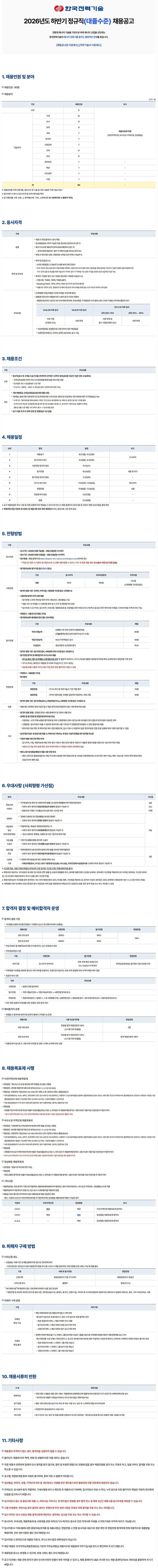 한국전력기술 2026년도 하반기 정규직(대졸수준) 채용공고 1. 채용인원 및 분야 채용인원 : 90명 채용분야 친환경 에너지 기술을 기반으로 미래 에너지 산업을 선도하는 한국전력기술이 에너지 전문가를 꿈꾸는 열정적인 인재를 찾습니다. [채용공고문 다운로드] [직무기술서 다운로드] (단위: 명) 구분 채용인원 비고 사무 6 기계 21 전기 17 토목 9 계측 7 채용목표제 적용 (이전지역인재, 비수도권 지역인재 양성평등) 원자력 7 산업공학 7 기술/연구 건축 6 전산 6 문헌정보 1 화공 1 인간공학 1 지질 1 계 90 * 채용분야별 직무수행내용, 필요지식 및 기술 등 세부 내용은 직무기술서 참고 *입사지원 시 반드시 응시자격 및 유의사항 등을 확인 *공고별(대졸수준, 보훈...), 분야별(사무, 기계...) 중복지원 불가(중복지원 시 불합격 처리) 2. 응시자격 구분 공통 주요내용 채용전과정 블라인드 방식 적용 ●임사예정일에 근무가 가능한자로 정년에 도달하지 아니한자 ・회사 인사규정 제8조의 결격사유에 해당하지 않는자 -결격사유에 해당하는 경우 각 전형 및 임용 후라도 합격 취소 &bull;현재 군복무중인 경우, 면접전형 시작일 이전 전역이 가능한자 &bull; 학력 및 전공(첨부1) -(사무) 제한없음 / (기술/연구) 채용분야 관련 전공자 